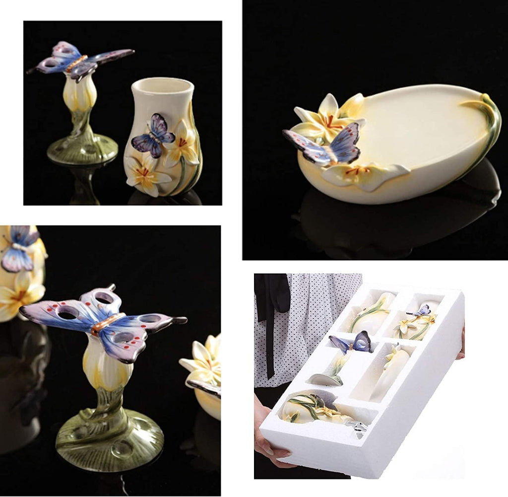 Vanity Bathroom Decor, Three Dimensional Relief Bathroom Accessories Set 5-Piece Ceramics Bath Accessory Butterfly Pattern Set Housewarming Gift