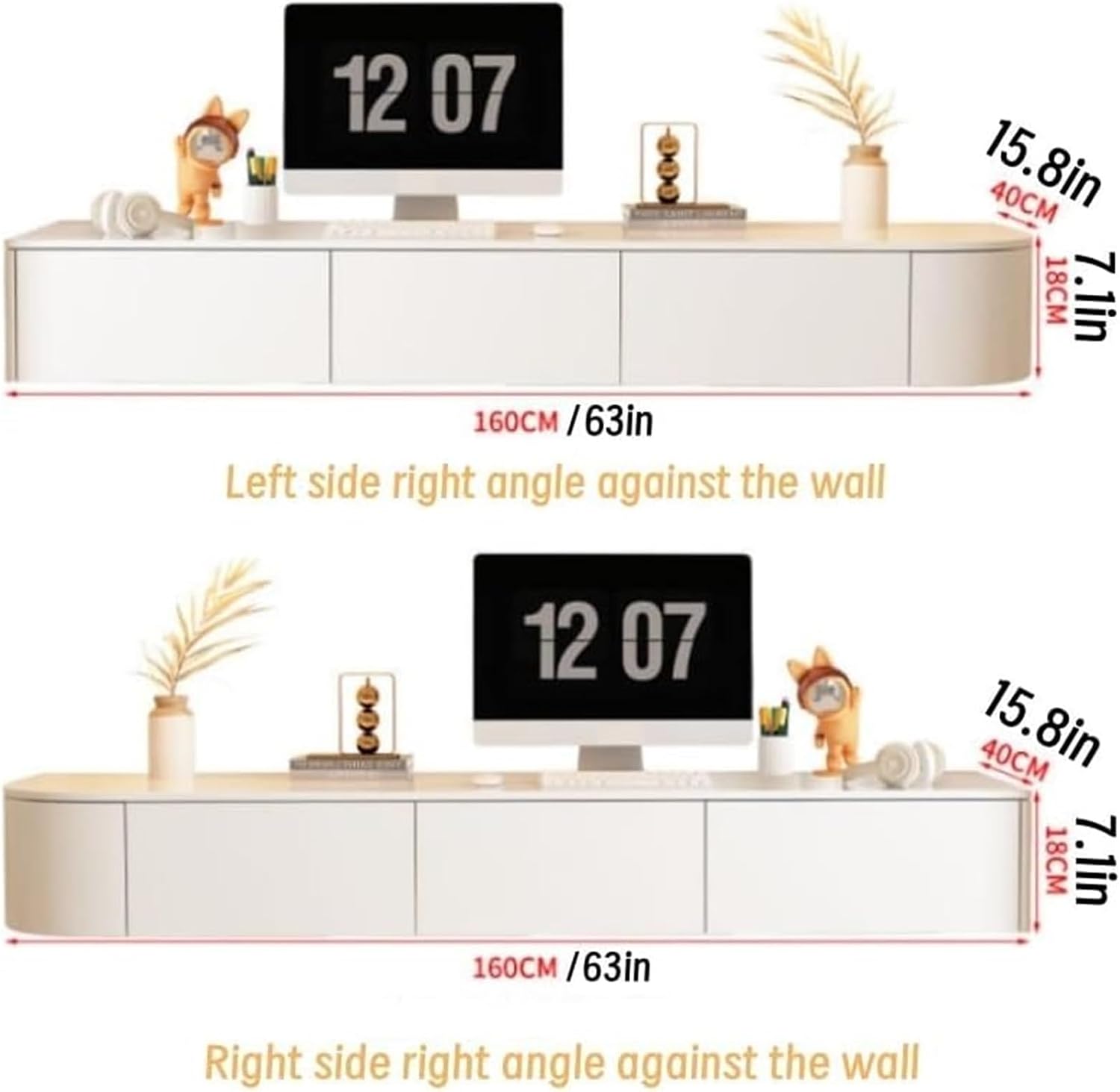 Wall-Mounted Vanity Makeup Table Floating Dressing Table Corner Desk with Drawer Floating Storage Cabinet for Small Apartment Heavy Duty(Left 63 * 15.8 * 7.1in)