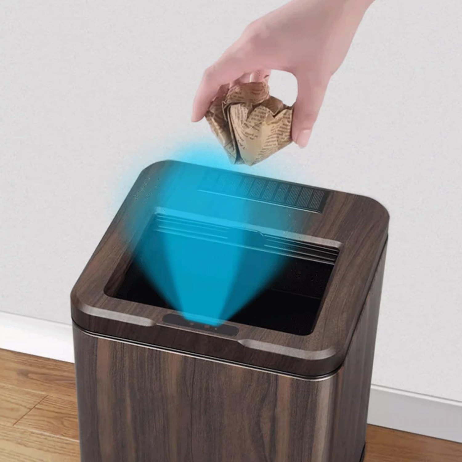 Rechargeable Smart Sensor Trash Can Electric Wood Grain with Lid 12L Capacity Ebony Finish Ideal for Home Kitchen and Bathroom