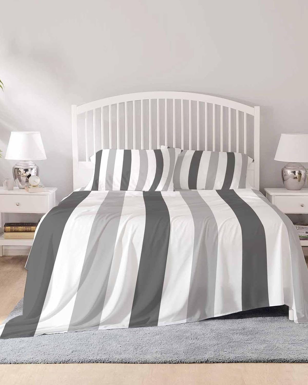 Grey Striped King Sheet Set 4 Piece Bedding - Geometric Ombre Vertical Stripes Minimalist Breathable Comfy Cooling Bed Sheets & Pillowcase Sets,Hotel Luxury Flat Sheets Deep Pockets Fitted Sheet