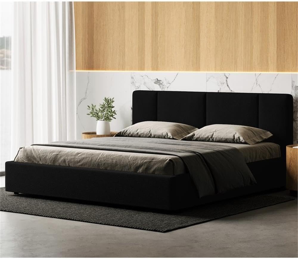 Venice Upholstered Platform Bed | Box Spring Not Required | (Black Boucle, King Bed Frame)