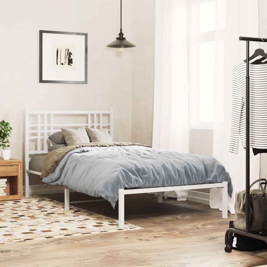 Metal Bed Frame with Headboard Twin Size White 39.4'x78.7' Steel Platform Base Underbed Storage Space Sturdy Bedframe for Bedroom Furniture