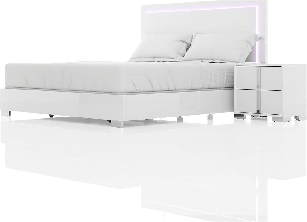 Furniture of America Alistair Modern Wood 2-Piece Bedroom Set with LED on Headboard Bed, Ball-Bearing Glides, Vertical Chrome Handles on Nightstand, Box Spring Required, King, White