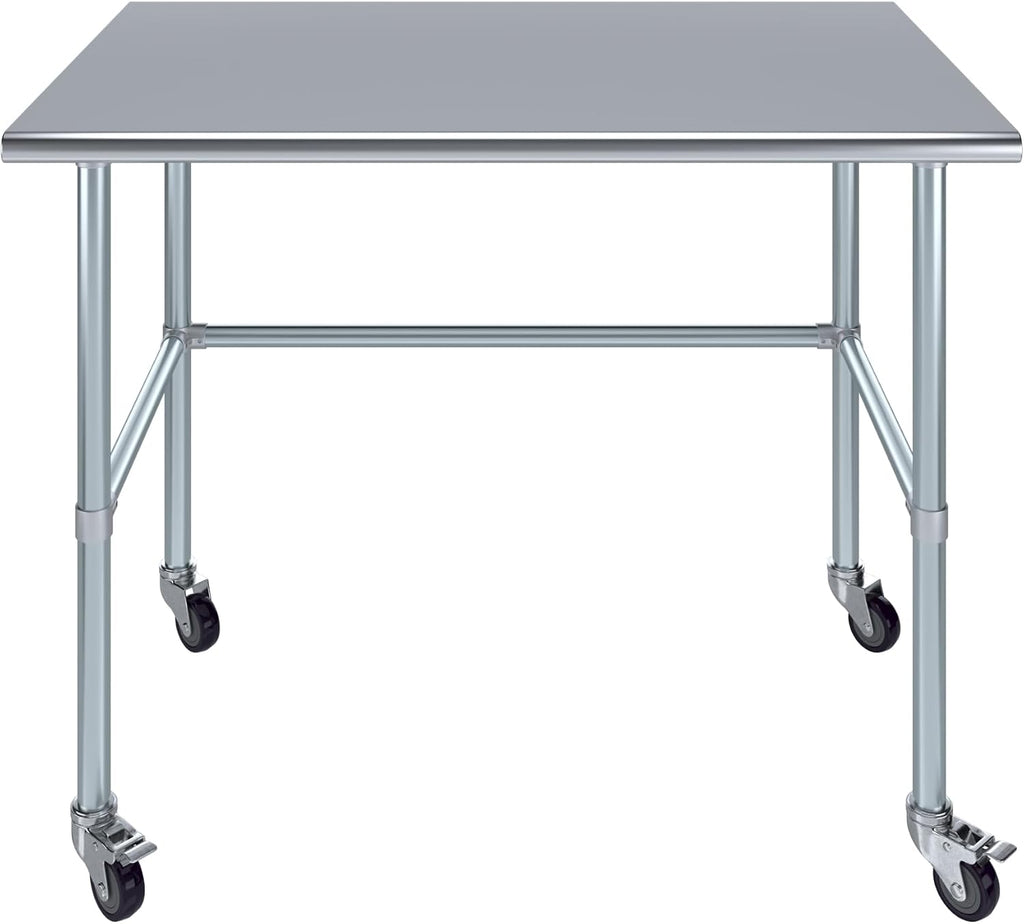 AmGood Stainless Steel Work Table Open Base & Wheels | Work Station | Metal Work Bench (Stainless Steel Work Table Open Base + Casters, 48' Long x 30' Deep)