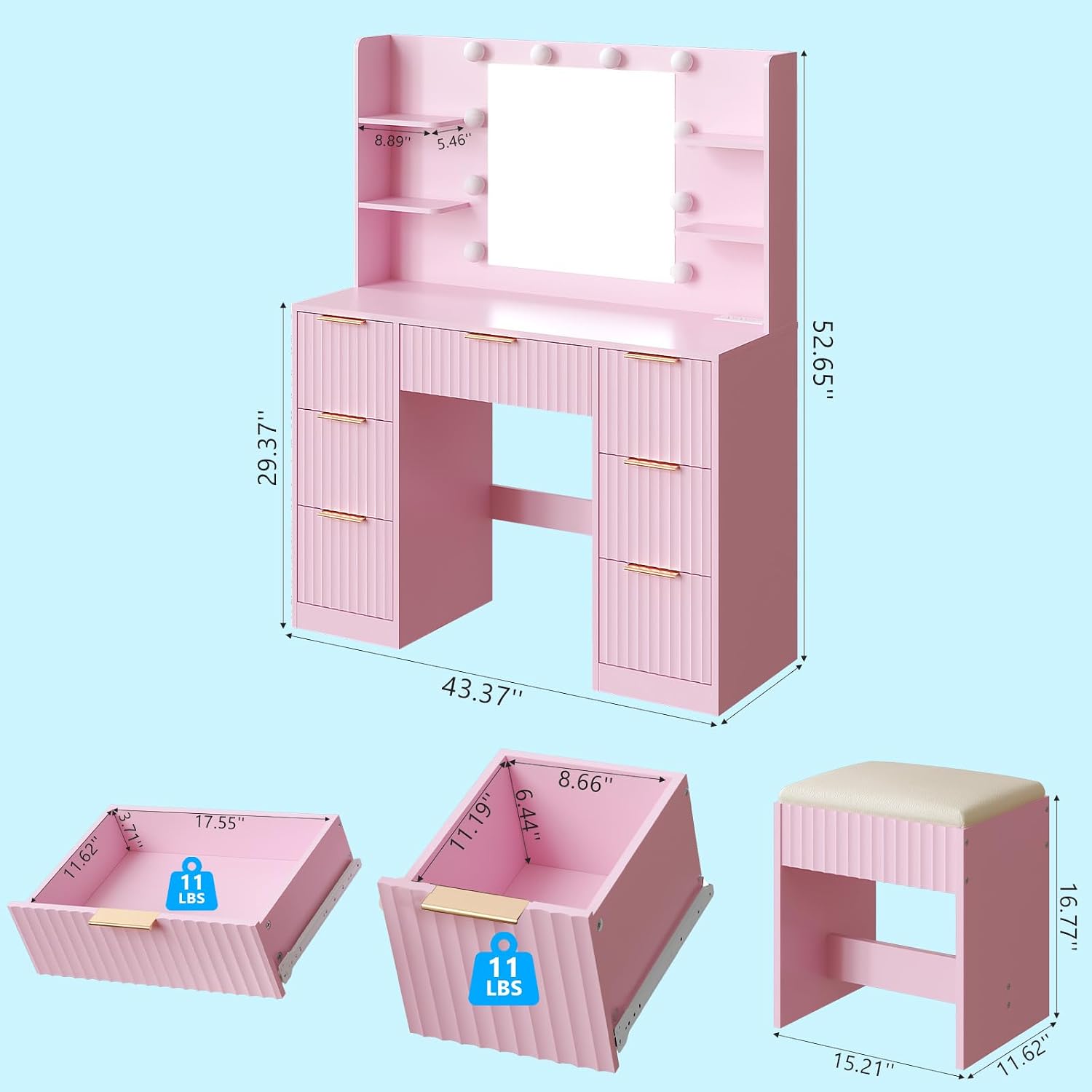 Karl home Fluted Vanity Desk with Mirror and Lights in 3 Modes and Charging Station, Makeup Vanity Table Set with 7 Drawers & Storage Shelves, Dressing Table with Chair for Bedroom, Pink