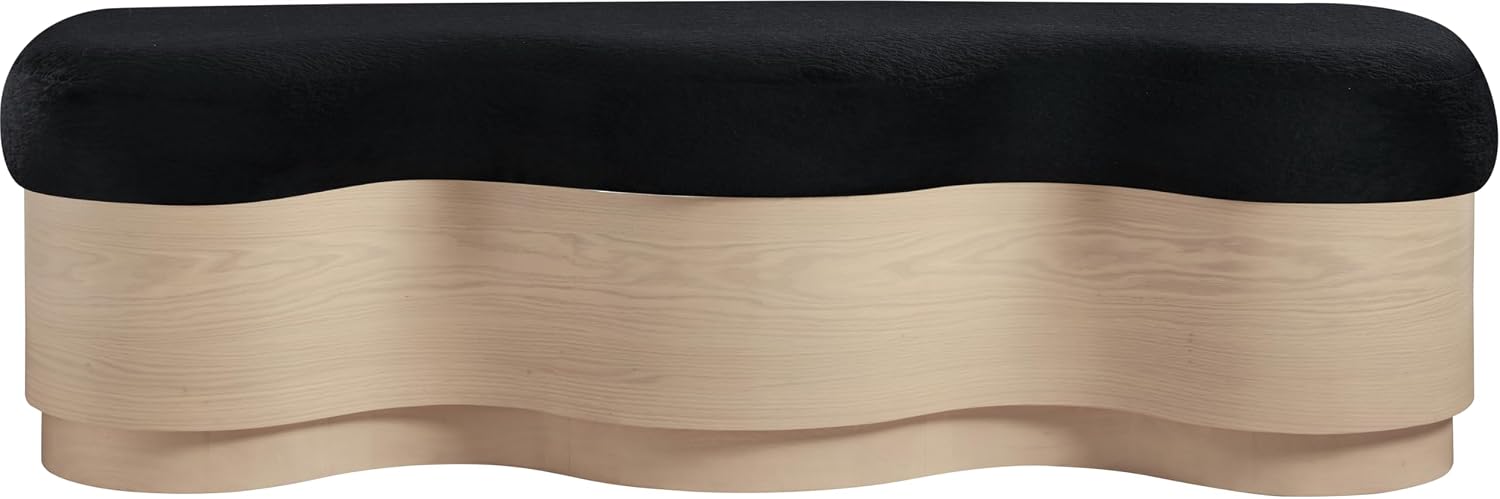 Meridian Furniture 22080Black Savoy Collection Art Deco Bench with Soft Black Velour Fur Fabric, Rich Natural Finish, Mix of Solid Wood & MDF, 60' W x 18.5' D x 18.5' H, Black