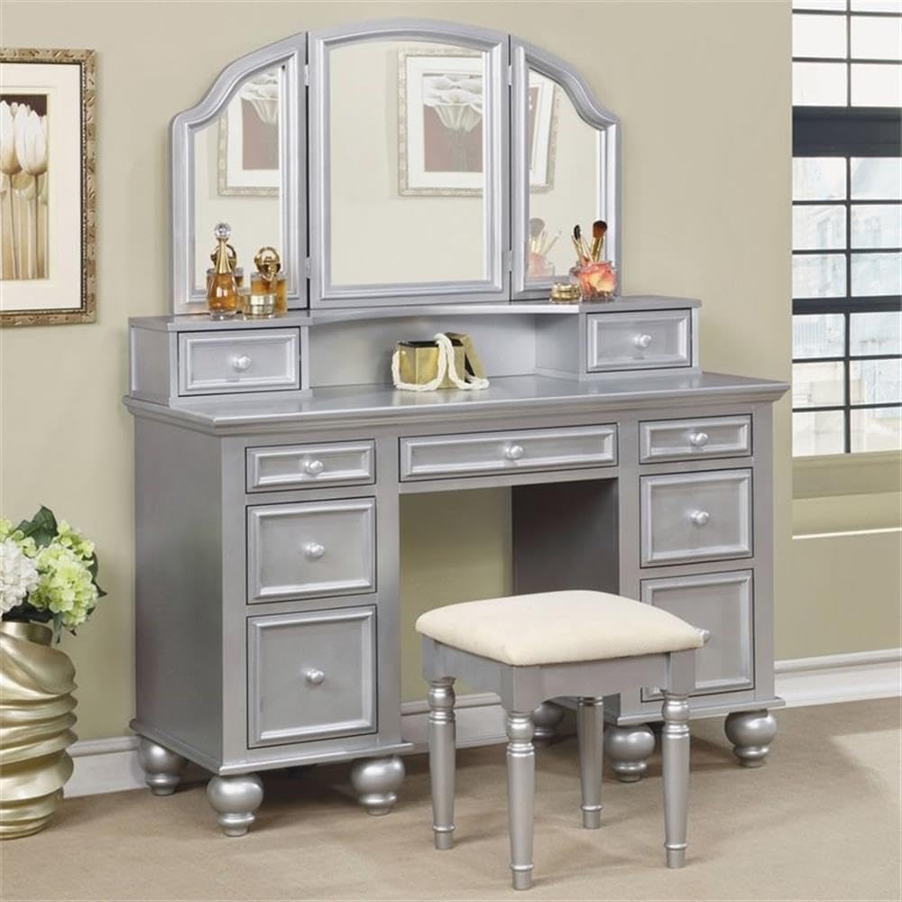 Pemberly Row Modern Wood 3-Piece Bedroom Vanity Set, Silver Finish, Transitional Style with Tri-Fold Oval Mirror, Cushioned Stool, 9 Storage Drawers, Elegant Design for Bedroom Use