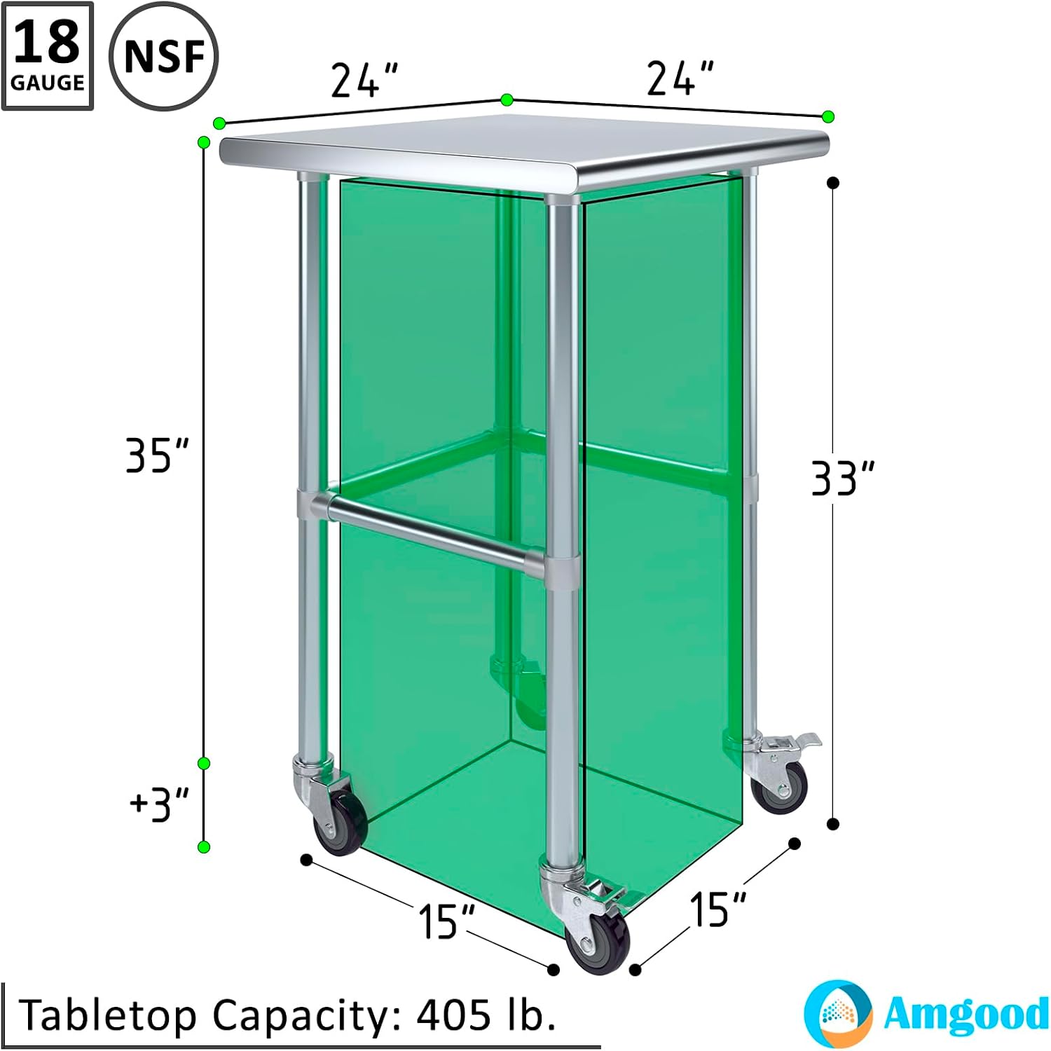 AmGood Stainless Steel Work Table Open Base & Wheels | Work Station | Metal Work Bench (Stainless Steel Work Table Open Base + Casters, 24' Long x 24' Deep)