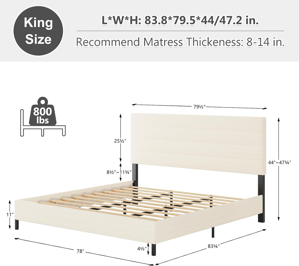 Furnihome King Size Bed Frame, Modern Sherpa Upholstered Bed Frame King with Adjustable Headboard, Wooden Slats Support Platform, No Box Spring Needed,Easy Assembly,Cream