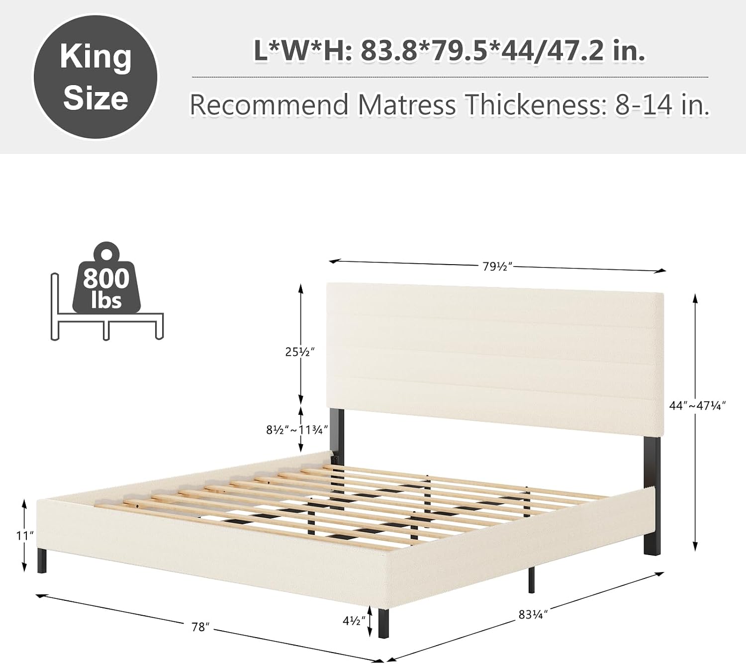 Furnihome King Size Bed Frame, Modern Sherpa Upholstered Bed Frame King with Adjustable Headboard, Wooden Slats Support Platform, No Box Spring Needed,Easy Assembly,Cream