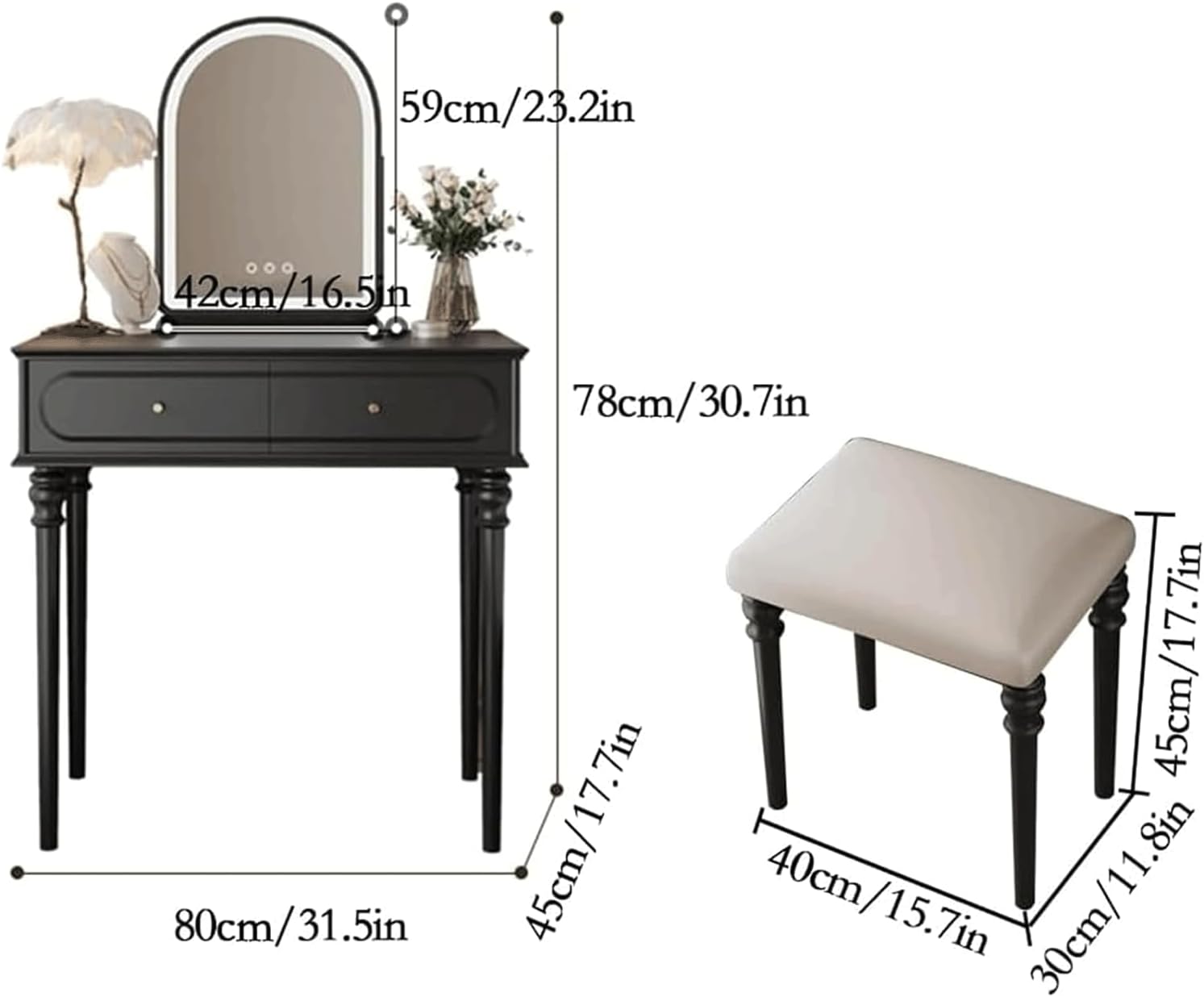 Rieort Vanity Desk Solid Wood Makeup Vanity Set with Led Mirror Vanity Benches Cushion Makeup Chair Home Nightstand Dressing Table