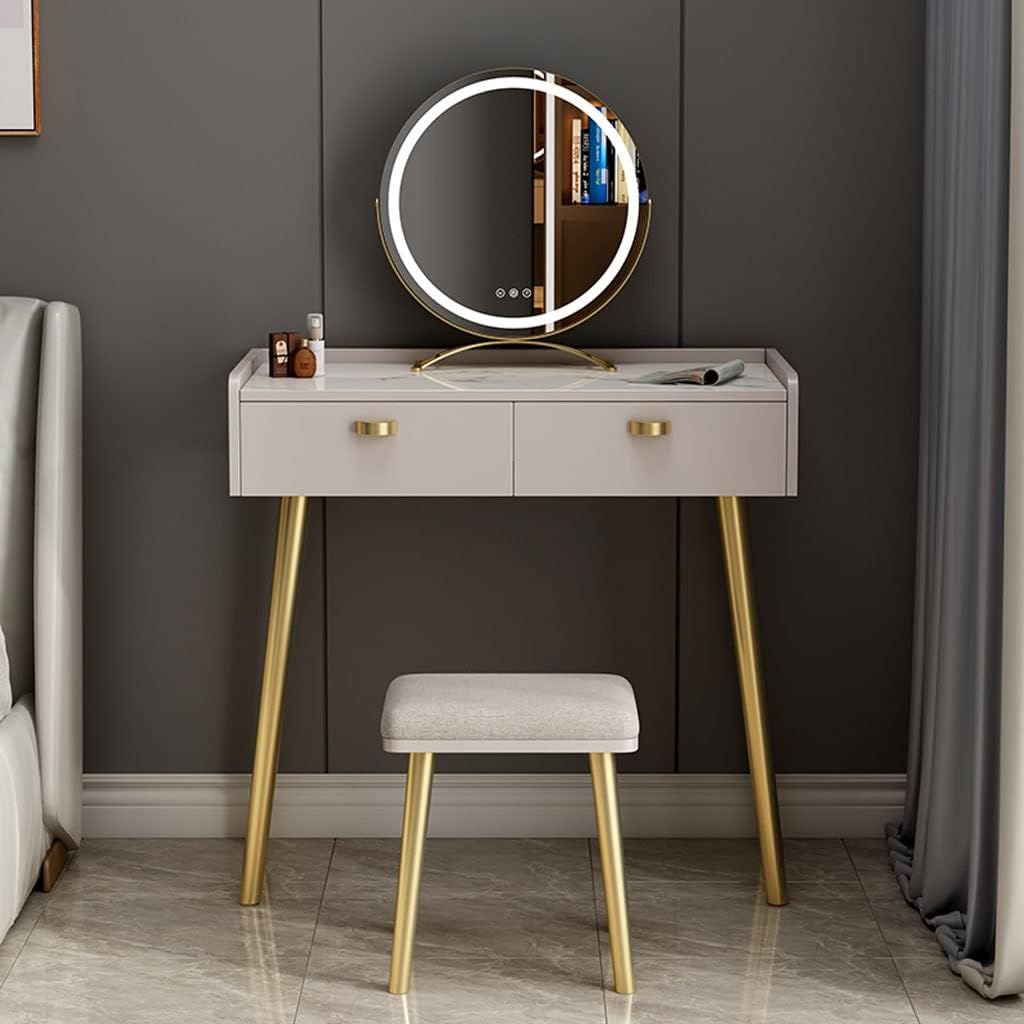 Vanity Benches Dressing Table Set Cosmetic Storage Table Bedroom Small Apartment Vanity Table with LED Round Mirror, Dressing Stool (Color : A)