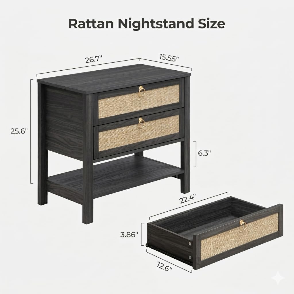 SICOTAS Night Stand with Drawers and Storage Shelf - Large Nightstands Rattan Decor Boho Bedside Table Narrow Side Table for Bedroom, Small Space