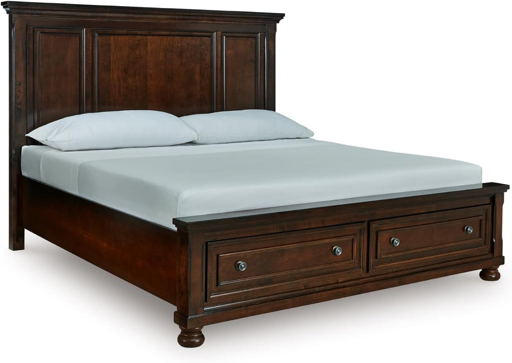 Signature Design by Ashley Porter Traditional 2-Drawer California King Panel Platform Storage Bed with Bun Feet, Foundation or Box Spring Not Needed, Dark Brown