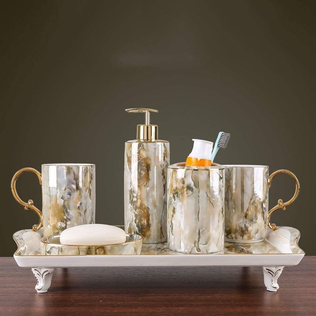 Vanity Bathroom Decor, Bathroom Accessories Set，Ceramic Soap Dispenser Refillable Lotion Liquid Soap Pump Housewarming Gift(A,5Pieces+Tray)