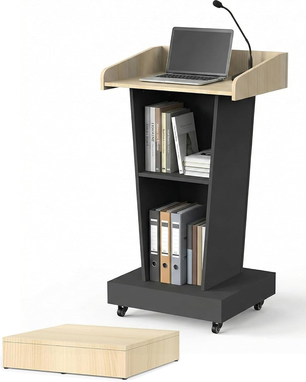 Rolling Podium Stand with Mobile Footrest - 44.3' Ergonomic Lectern for Church, Classroom, Office - Heavy-Duty Locking Wheels, Dual Storage Shelves, Cable Management, Light Wood & Black