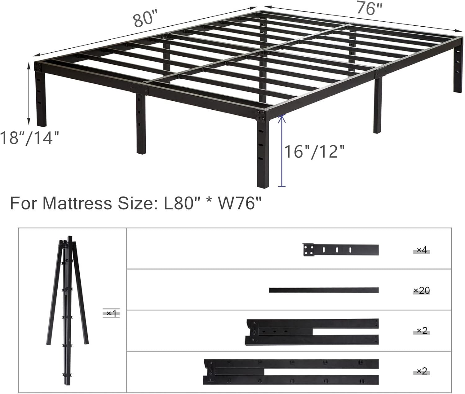 Wulanos King Size Bed Frame, 3500lbs Heavy Duty Metal Frames with Steel Slats Support 14 Inch High Platform Bedframe with Storage, No Box Spring Needed, Sturdy and Durable Noise-Free, Black