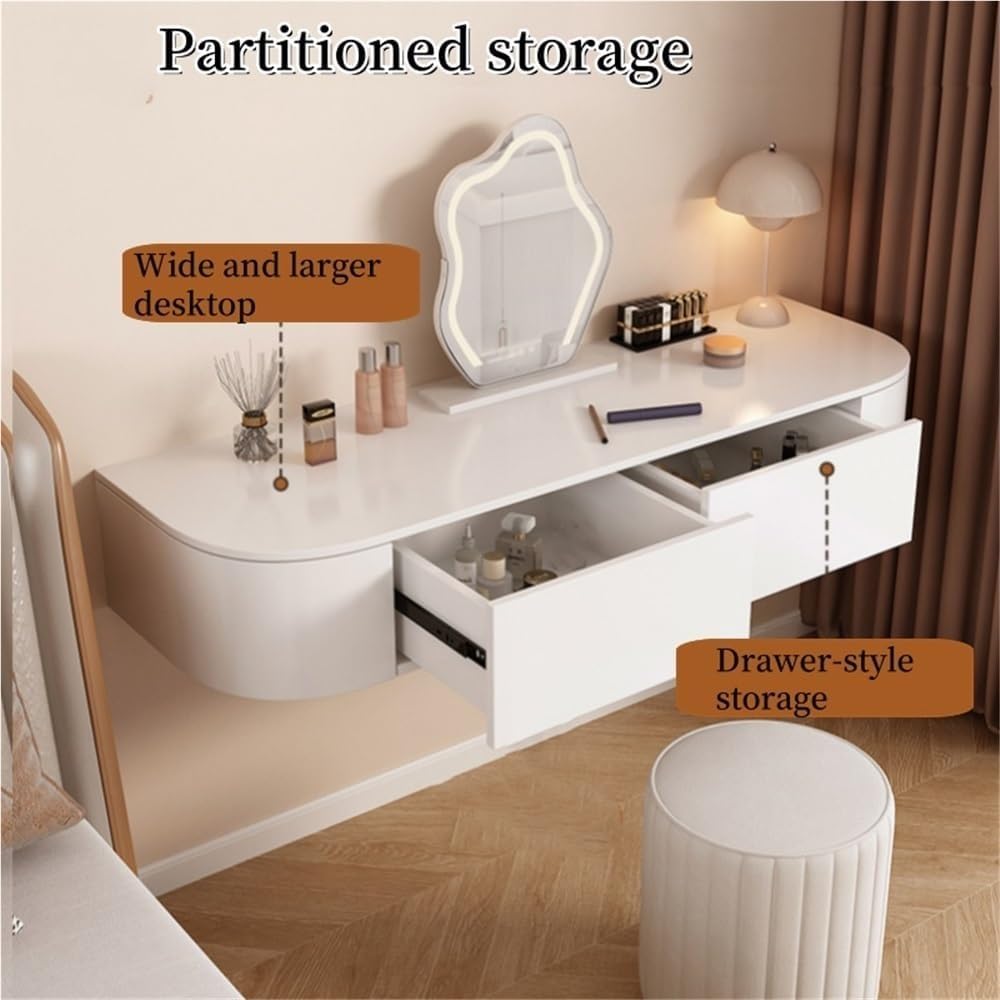 Corner Floating Desk with Drawers Modern White Wall-Mounted Vanity Makeup Table for Room & Bathroom Solid Construction(Left)