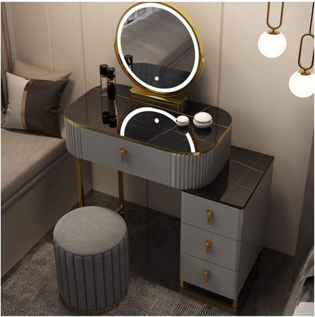 Women Dresser Table Vanity Corner Makeup Table Set Makeup with 4 Drawers Vanity Dressing Table, with LED Lighted Mirror, 3 Color Lighting Modes for Any Woman,1-60cm