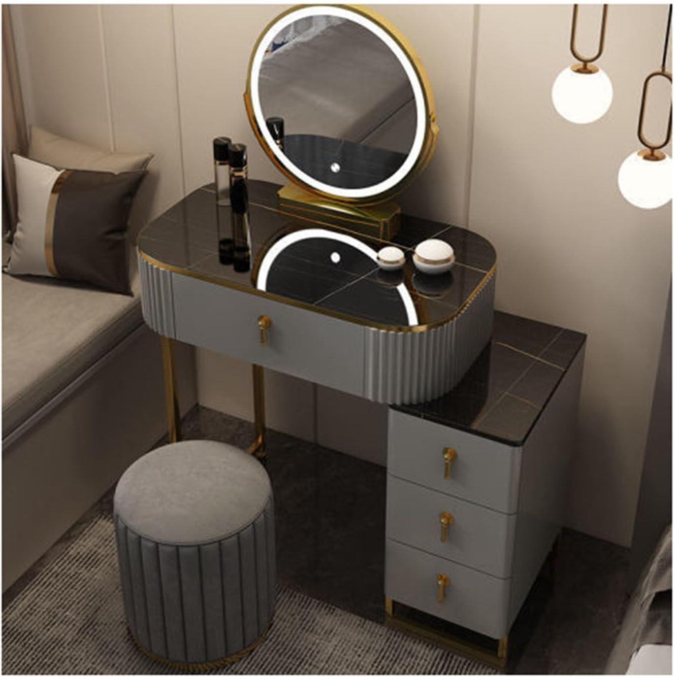 Women Dresser Table Vanity Corner Makeup Table Set Makeup with 4 Drawers Vanity Dressing Table, with LED Lighted Mirror, 3 Color Lighting Modes for Any Woman,1-60cm