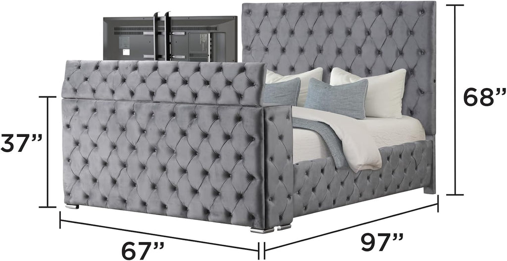 Modern Bedroom Set with Built-in TV Storage & Electric Fireplace - Gray Upholstered 4-Piece Queen Bed Set for Home Office & Small Space Living - Complete Bed Frame Dresser Nightstand Mirror Se