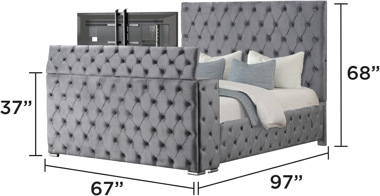 Modern Bedroom Set with Built-in TV Storage & Electric Fireplace - Gray Upholstered 4-Piece Queen Bed Set for Home Office & Small Space Living - Complete Bed Frame Dresser Nightstand Mirror Se