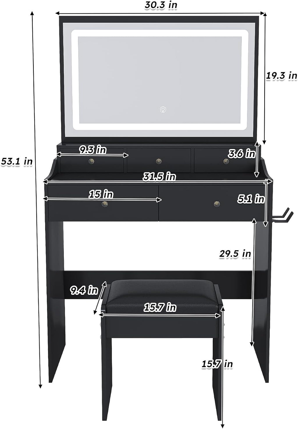 Vanity Desk with Large Mirror and Stool, Makeup Table with LED Lighted - 3 Color Models, Makeup Desk with 5 Drawers & Power Outlet, Dressing Makeup Table for Women Girls Bedroom, Black