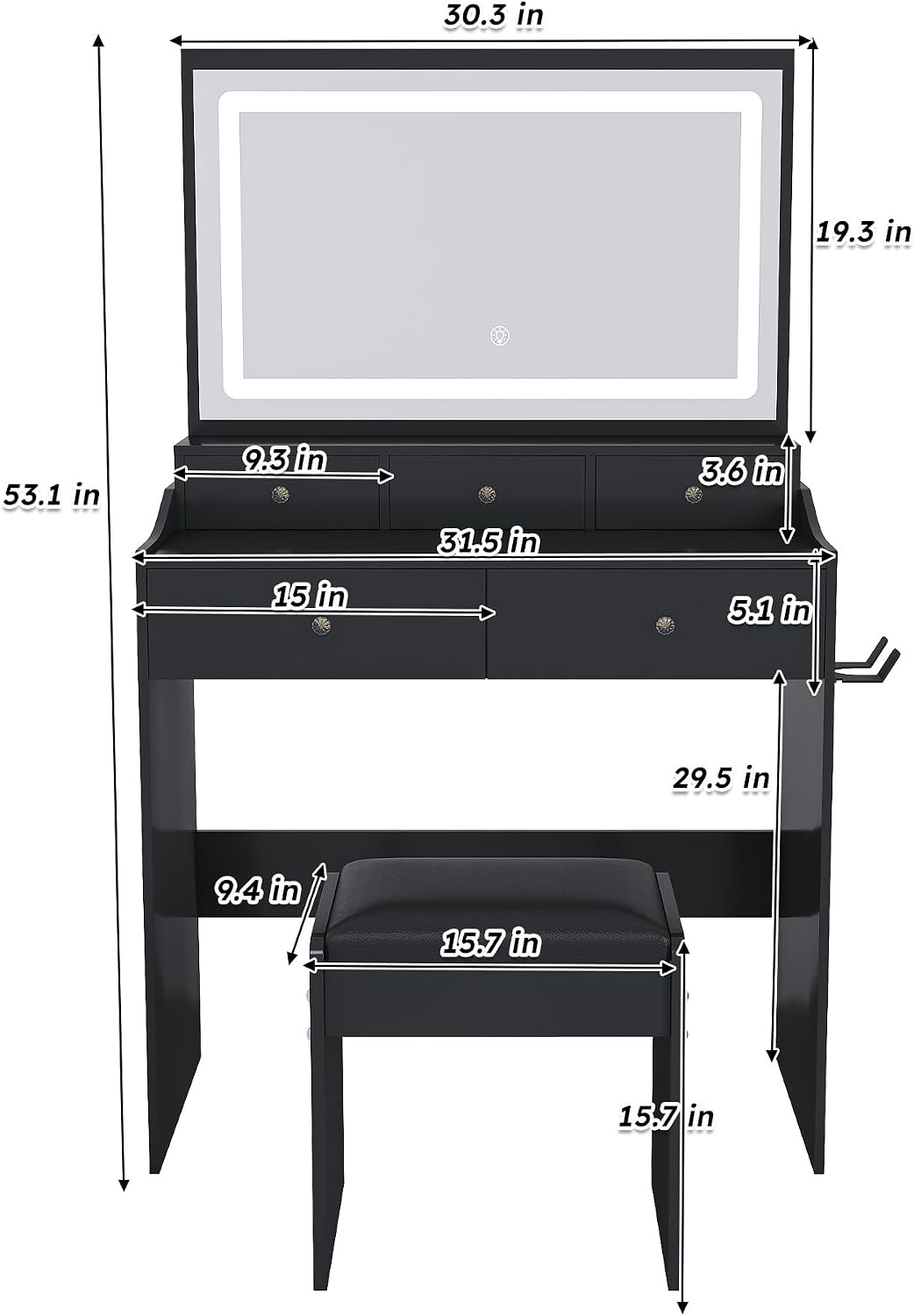 Vanity Desk with Large Mirror and Stool, Makeup Table with LED Lighted - 3 Color Models, Makeup Desk with 5 Drawers & Power Outlet, Dressing Makeup Table for Women Girls Bedroom, Black
