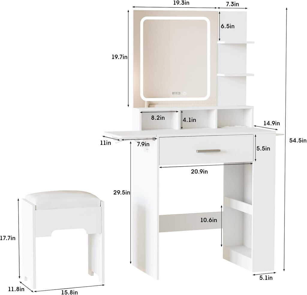 Fameill Vanity Desk with Mirror and Lights, Small Makeup Vanity with Drawer & Lots Storage Shelves, White Vanity Table with Charging Station & Time Display, Vanity Set with Chair, for Bedroom