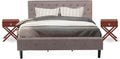 East West Furniture NL14K-2HA13 3 Piece Modern Bedroom Set - King Size Button Tufted Bed Frame - Brown Taupe Velvet Fabric Upholstered Headboard and a Burgundy Finish Nightstand