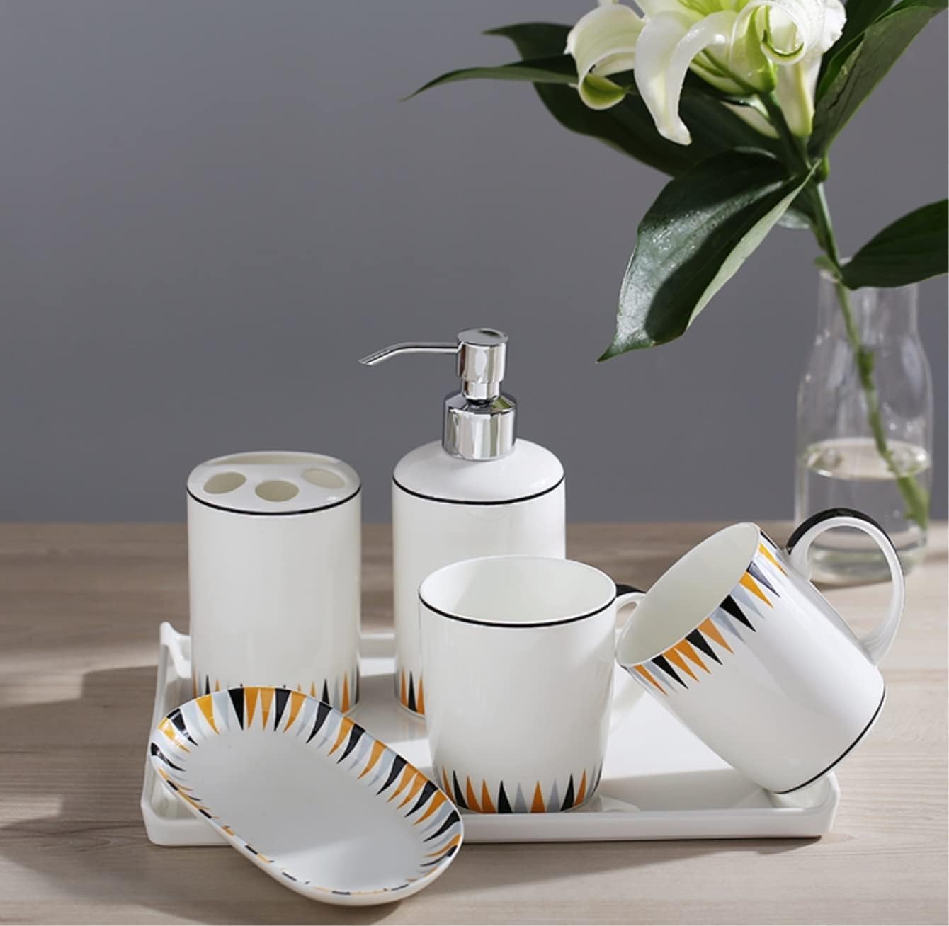 Vanity Bathroom Decor, Bathroom Accessory Sets Ceramic Simple European Style Bathroom Toiletries Set Mouthwash Toothbrush Cup Housewarming Gift(B)