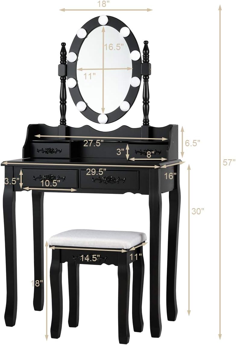 DORTALA Vanity Table Set, Makeup Dressing Table with 10 Dimmable Bulbs Lighted Mirror & 4 Drawers, Cushioned Stool, Solid Wood Leg, Classic Dressing Table Set for Home, Salon, Black