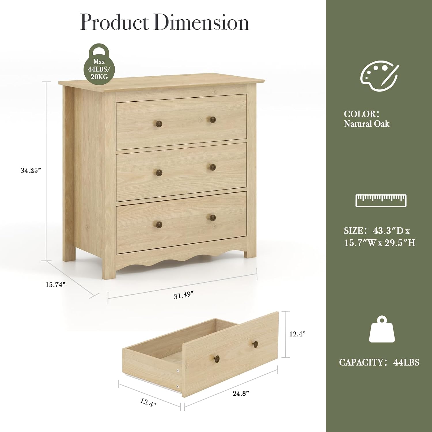 Oversized Dresser for Bedroom with 6 Drawers, Mid Century Modern Wooden Dresser Chest of Drawers with Handles, 3 Drawer Nightstand Set of 2, Storage Organizer for Bedroom, Living Room, Wood