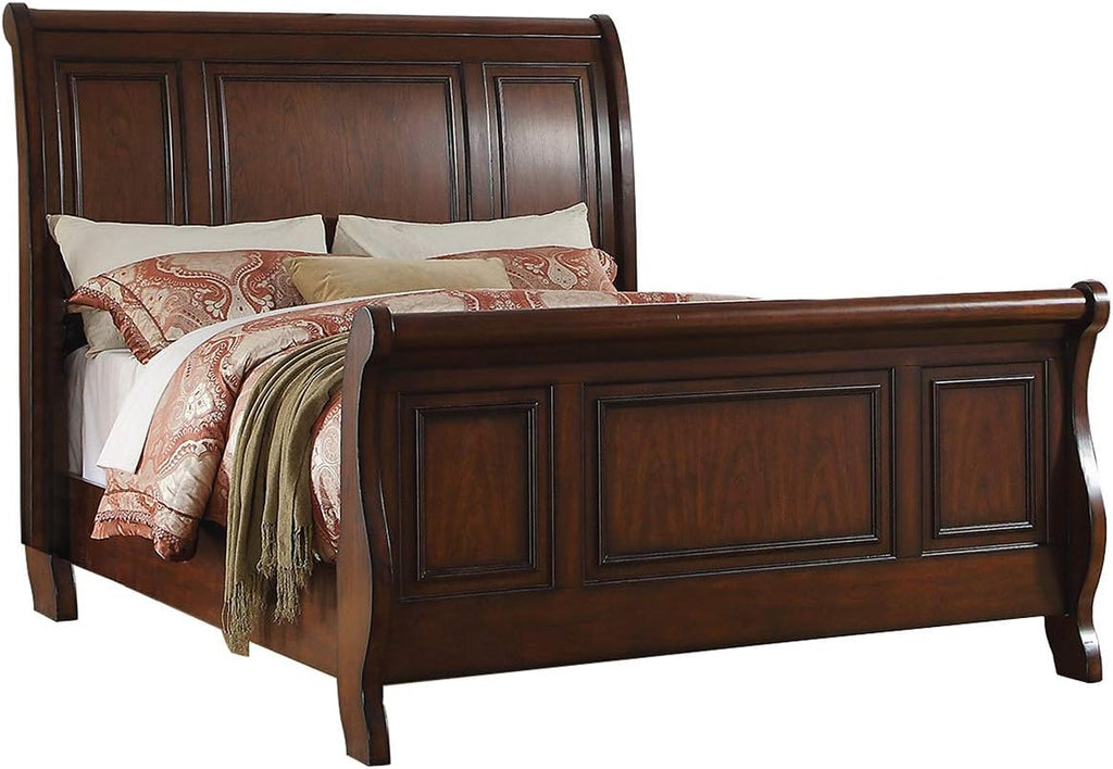 Pine Wood Queen Sleigh Bed, Cherry Brown