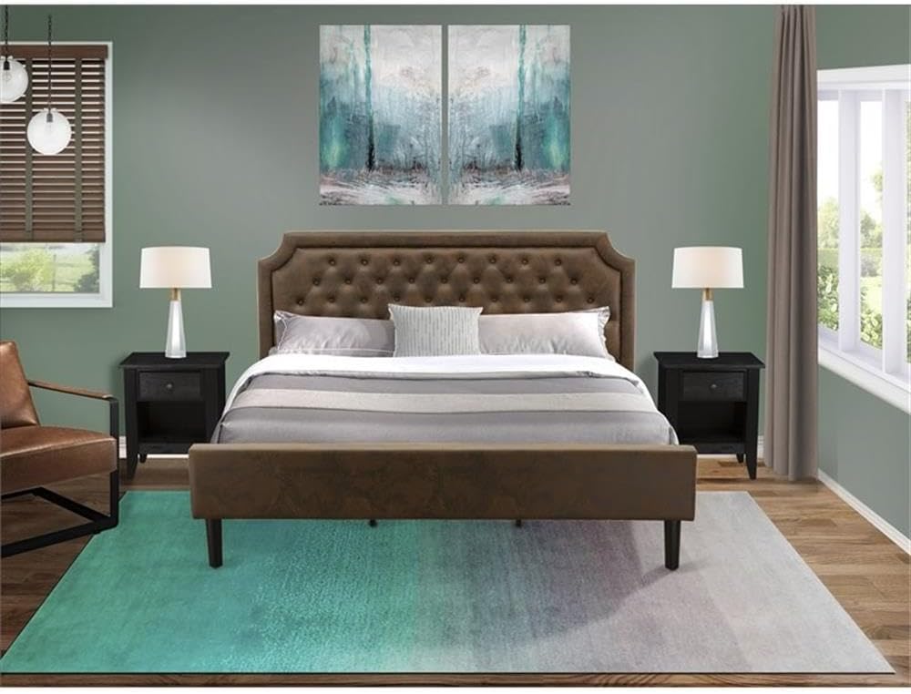 East West Furniture GB25K-2GA06 3-Pc King Bedroom Furniture Set with Button Tufted Frame and 2 End Tables for Bedroom - Dark Brown Faux Leather, Wire Brushed Black Finish