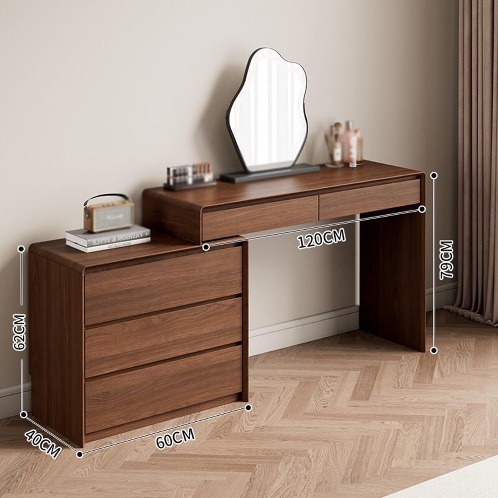 Compact Vanity Stylish Walnut Wood Vintage Makeup Desk with Expandable Corner Design Perfect for Bedroom Storage Space Saving