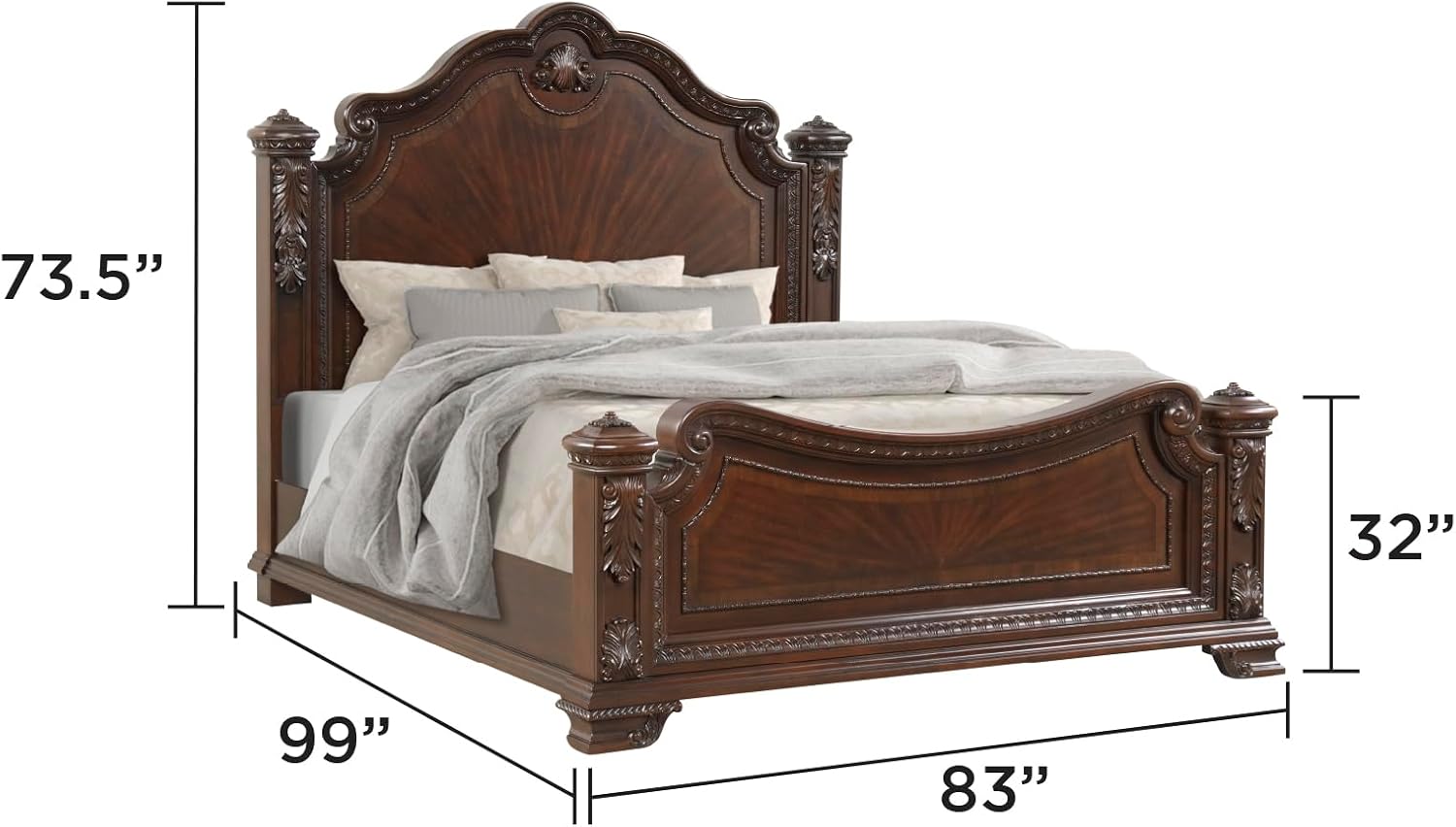 Traditional Style 5 Pc King Bedroom Set with Intricate Wood Carvings Made with Wood in Walnut