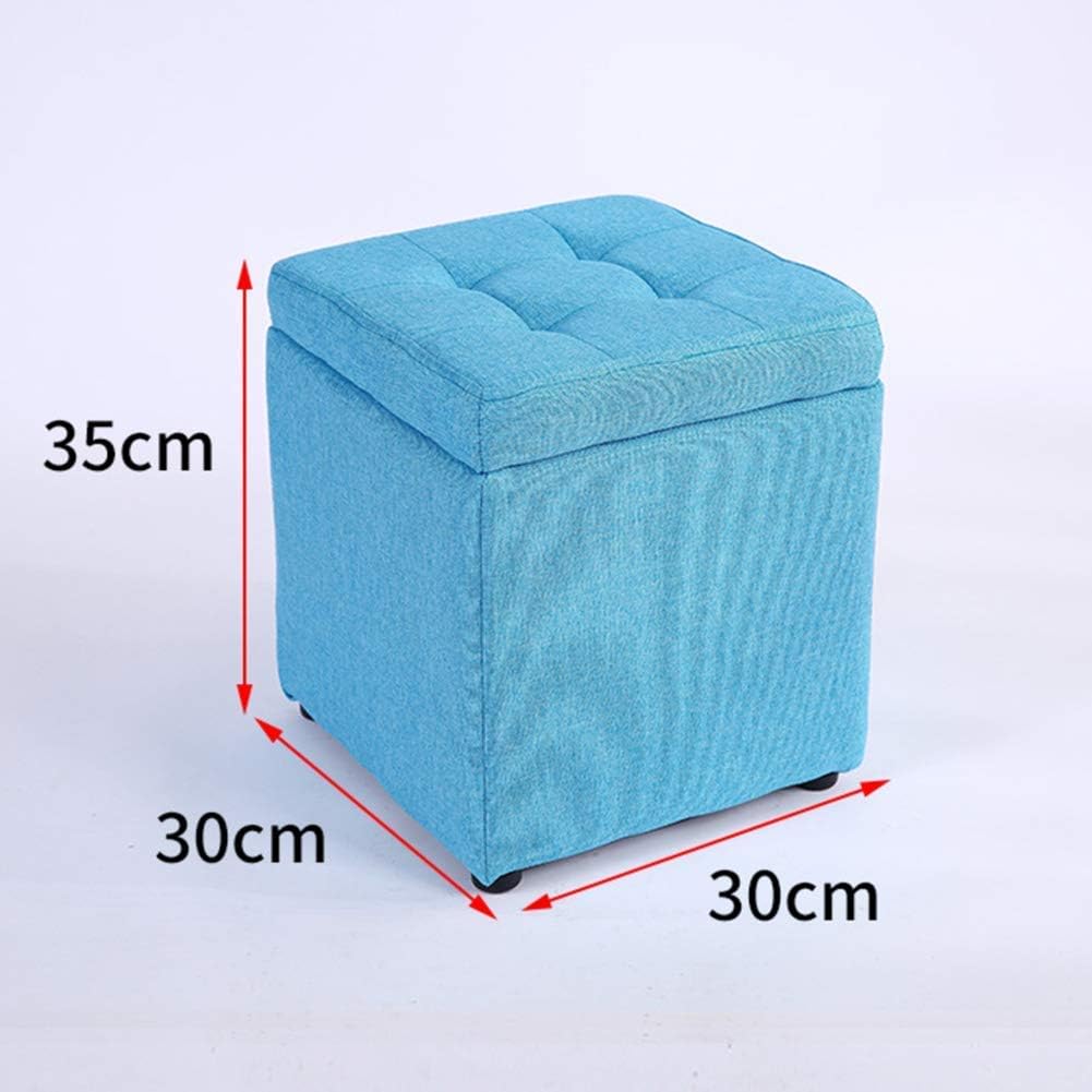 BTZHY Vanity Chair,Linen Upholstered Storage Bench Footrest Stool,Cube Organizer Box Pouffe Footstool Wood Feet Puff Seat-Blue 30x30x35cm
