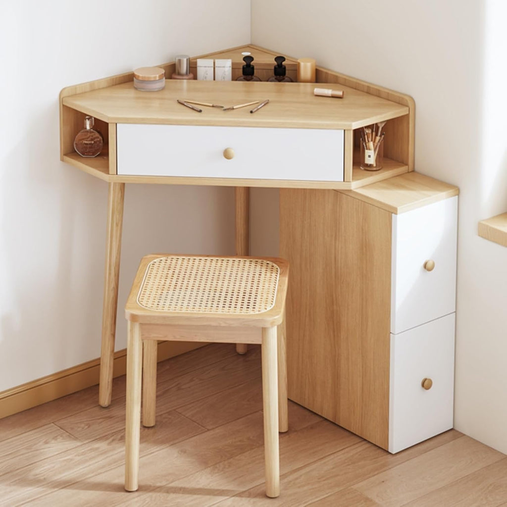 Corner Vanity Desk Set Wood Dressing Table with Drawer & Open Shelves Makeup Table for Small Room Solid Construction(Natural,50cm Without Mirror)