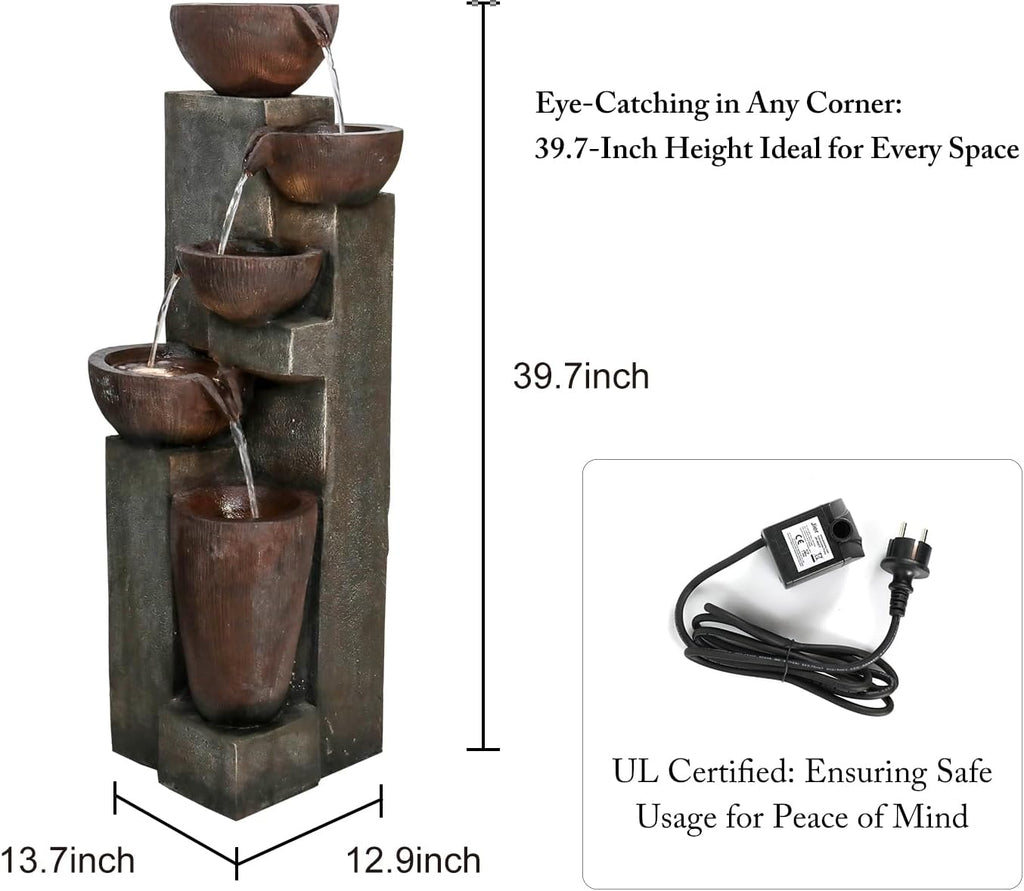SunJet 5-Tier Outdoor Water Fountain Resin Fountain Decor with LED Lighting Natural Polyresin Looking Stone Decor for Garden Patio Fold Court Yard Deck 12.99' L x 13.78' W x 39.76' H