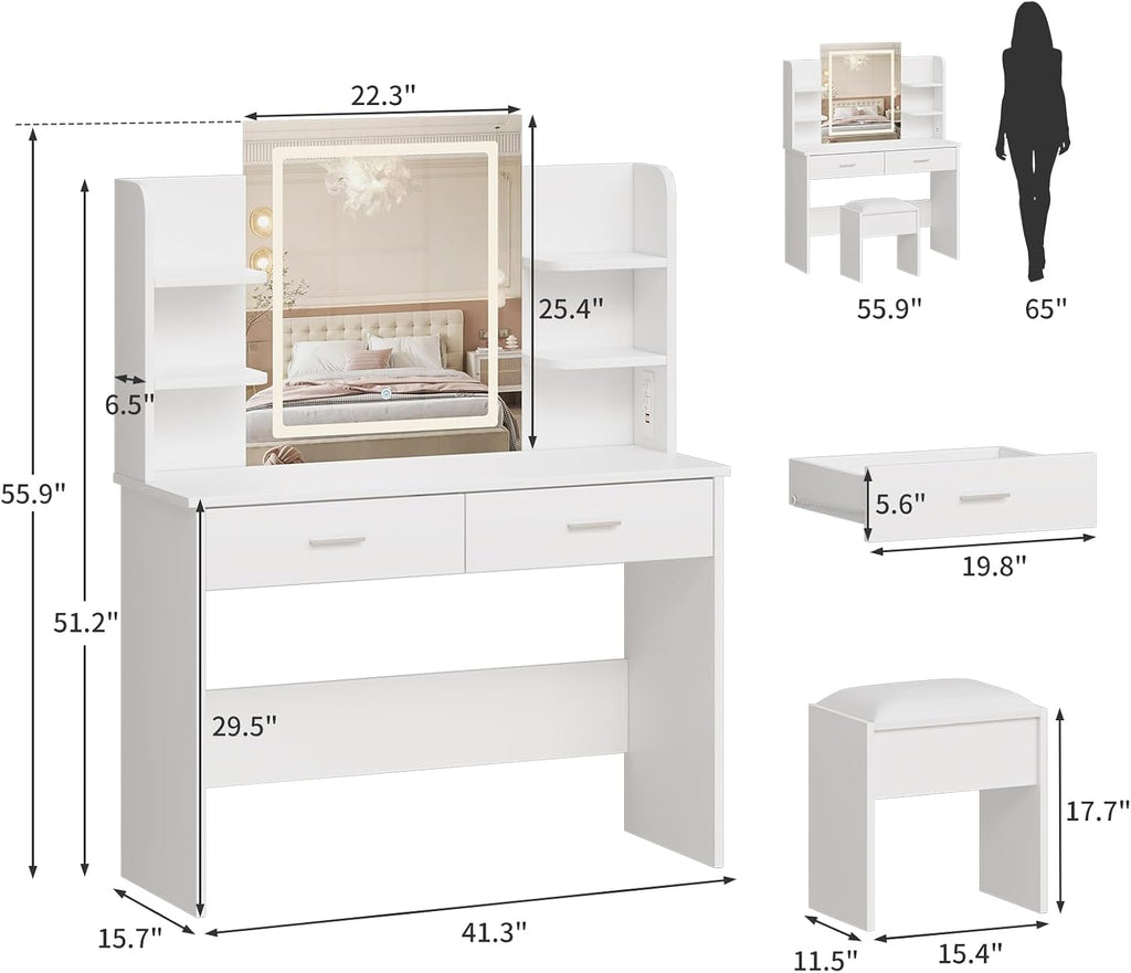 Garvee Vanity Desk with Lights | Tri-Mode LED Lighted Mirror & Charging Station | Makeup Vanity Set with 6 Shelves, 2 Drawers, Soft Cushion Stool | Dimmable Vanity Desk for Bedroom (White)