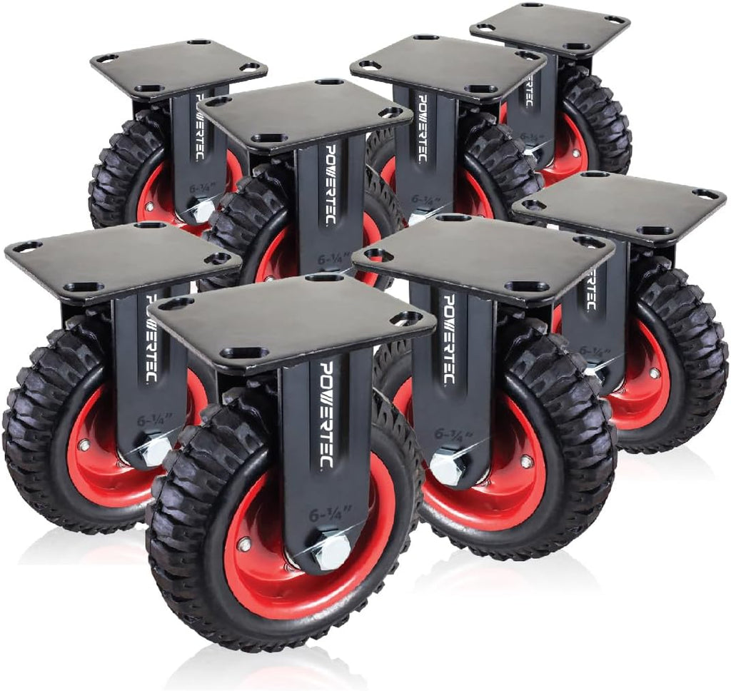 POWERTEC 6 Inch Caster Wheels Set of 8, Heavy Duty Fixed Plate Casters with Rubber Knobby Tread for Workbench, Dolly, Cart, Trolley, Wagon, Toolbox and Chicken Coop, Large Castor Wheels (17052-P8)