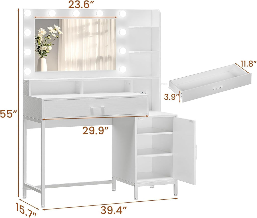 Driftalia Vanity Desk with Mirror and Lights, Makeup Vanity with Storage Drawer, Power Outlet and Large Cabinet for Bedroom - White