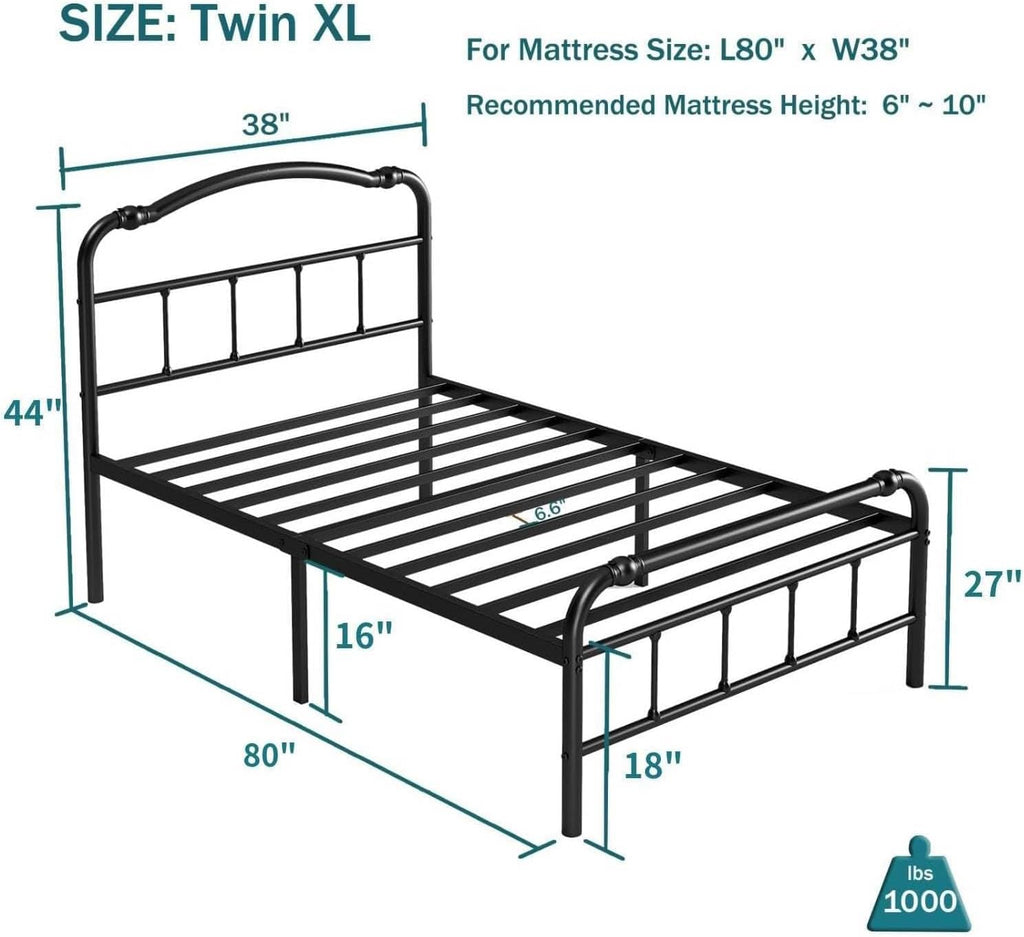ZIYOO Vintage-Inspired 18 Inch Metal Bed Frame - Victorian Headboard & Footboard, Sturdy Platform Design, Under Bed Storage, No Box Spring Needed, Noise Free, Twin XL Size