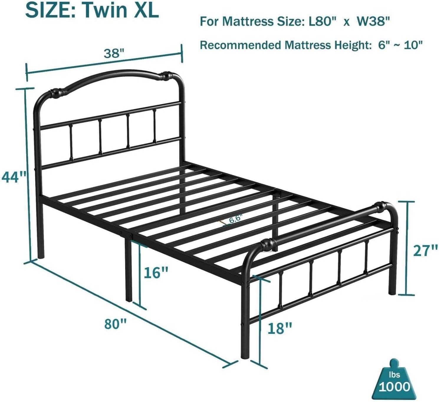 ZIYOO Vintage-Inspired 18 Inch Metal Bed Frame - Victorian Headboard & Footboard, Sturdy Platform Design, Under Bed Storage, No Box Spring Needed, Noise Free, Twin XL Size