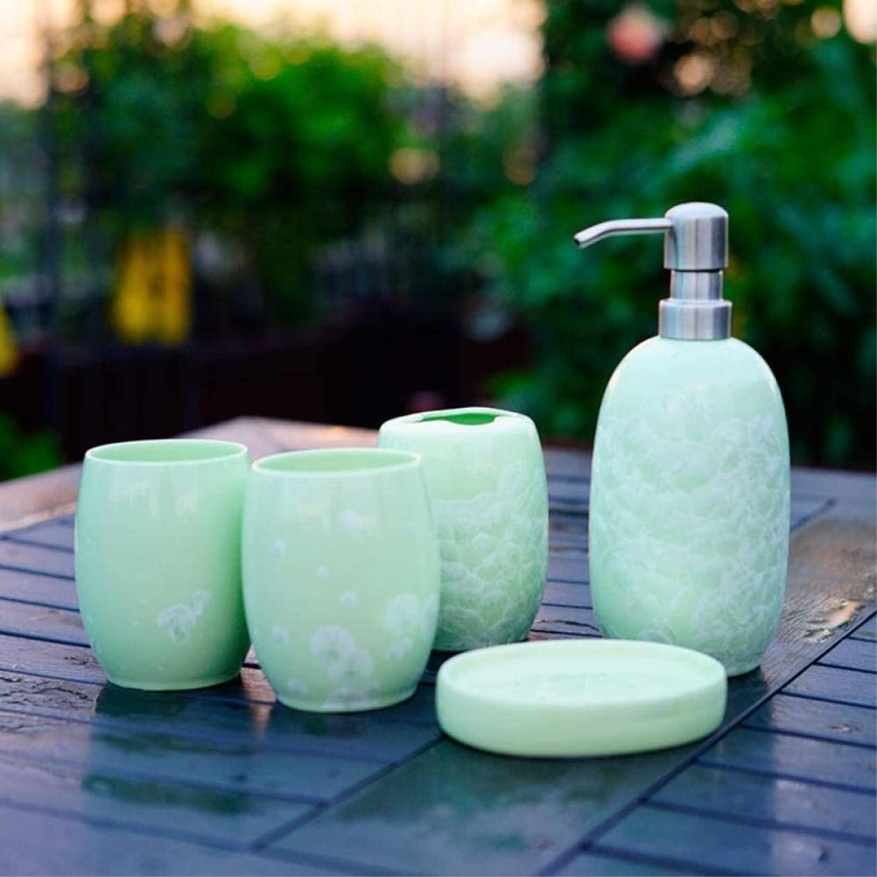 Vanity Bathroom Decor, Bathroom Accessory Sets Ceramic Simple Wash Five-Piece Jade Ice Porcelain 5 Bathroom Set Solid Color Housewarming Gift(Green)