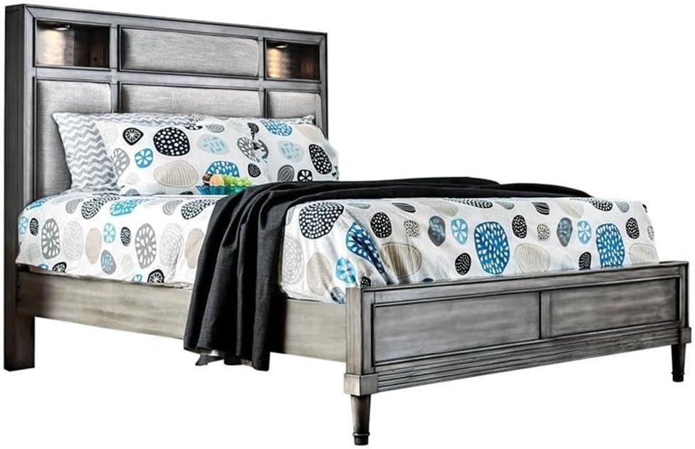 BOWERY HILL 2pc Solid Wood Bedroom Set, Gray Finish, Cal King Bed with LED Headboard and Fabric Padding, Nightstand with Hidden Drawer, Transitional Style Furniture for Master Bedroom