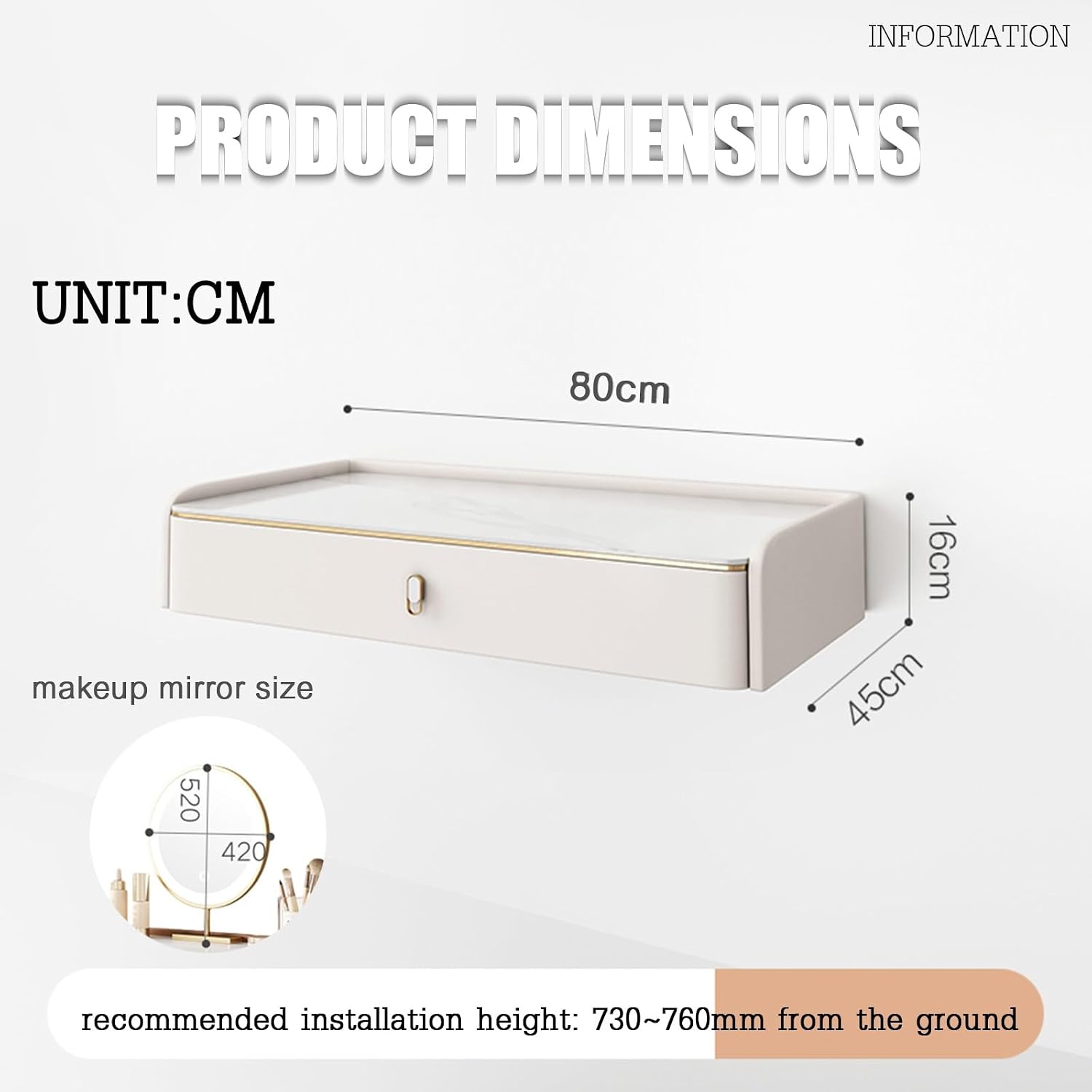 Simple Vanity Desk, Floating Vanity Makeup Table, with Drawers, Wall Mounted Makeup Vanity, Floating Desk, Simple Floating Corner Desk, Dressing Table for Small Spaces(White+Mirror,80cm)