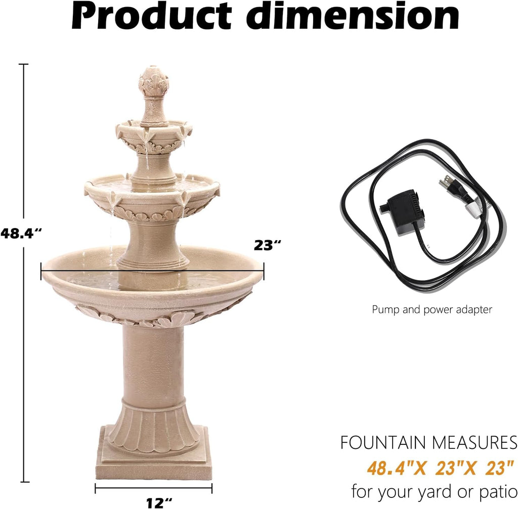 TITIMO 48' High Italian Feature Freestanding Water Fountain Outdoor and Indoor,3-Tier Roman Pillar Waterfalls Fountains for Garden,Patio,Yard,Deck,Backyard,Porch (Natural Tan)