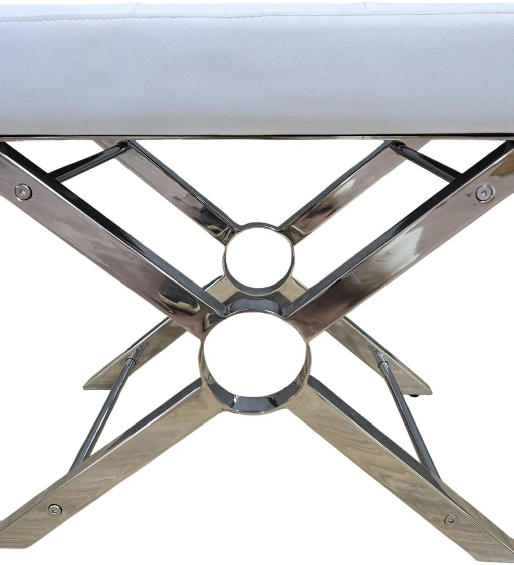 Carolina Chair & Table Modern X-Frame Stool - Luxury Chrome Steel Base with White Upholstery Cushion Faux Leather Soft Seat, Vanity Bench - Modern Style Accent Furniture for Living Room, Bedroom